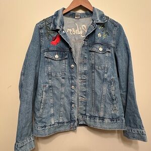 H&M Women's Liberte Denim Jacket Embroidered with Butterflies Flowers Size 12